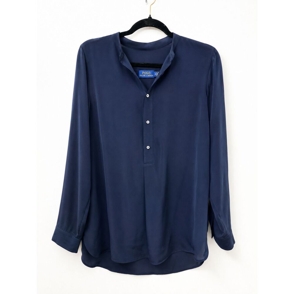 Polo Ralph Lauren 100% Silk Navy Tunic Blouse Women’s 12 Long Sleeve